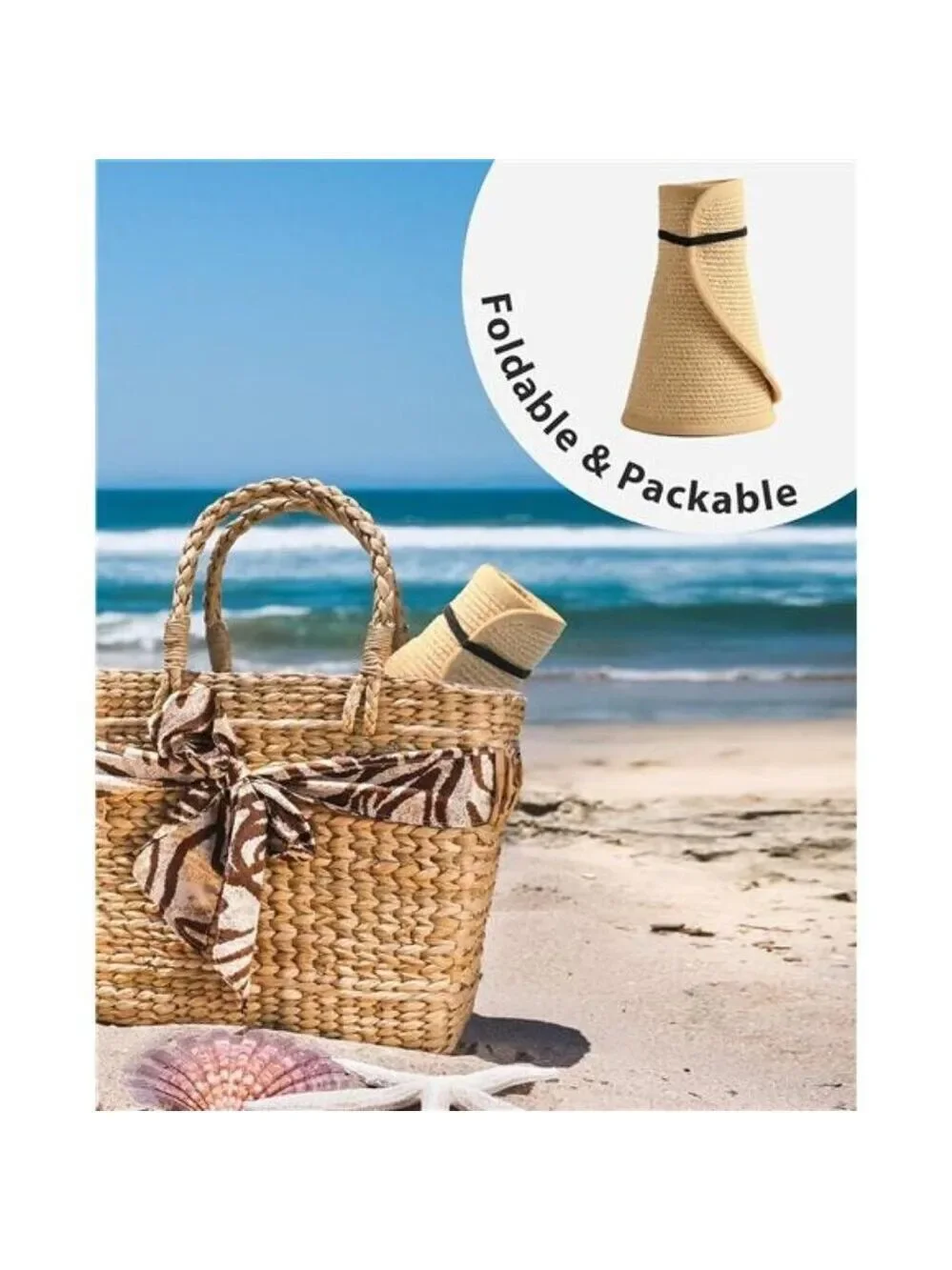 Wide Brim Straw Sun Visor Hat Women Ponytail UPF 50 Beach Packable Hat
